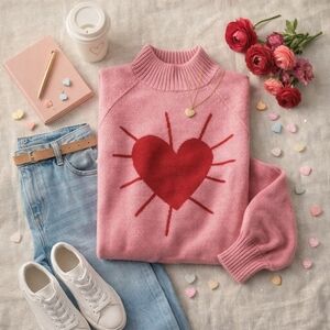 Kerri Rosenthal pink heart sweater M mock neck luxe happy Valentine knit